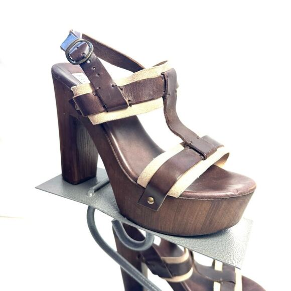 Steve Madden Brown & Tan Leather Suede Platform Heels Sandals Shoes Size 8.5 - Picture 1 of 6